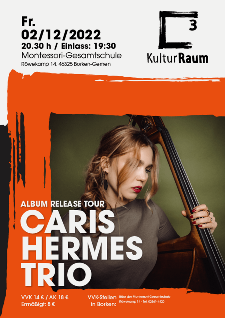 Das Caris Hermes Trio spielt am 02. Dezember 2022 ein Konzert im Kulturraum3. Einlass ab 19:30, Beginn um 20:30.